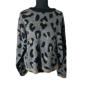 Olivaceous Soft Grey Leopard Print Sweater, Size Large